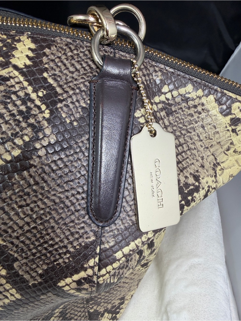 Coach Snake Print Satchel Handbag Brown Tan Leather Trim Gold Hardware - Picture 5 of 15